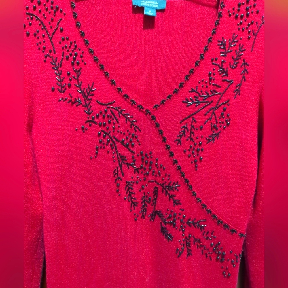 ❤️🖤Dress Barn Red Black Beaded Designs Pullover V-Neck Sweater Long Sleeve - Picture 10 of 12